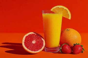 Orange juice glass fresh fruit strawberry grapefruit slice citrus healthy drink vibrant color bright refreshing