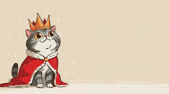 postcard smiling cute cat dressed as royal monarch, complete with crown and robe on pastel peach backdrop. Ideal for holiday cards, kids party designs and humorous social media posts