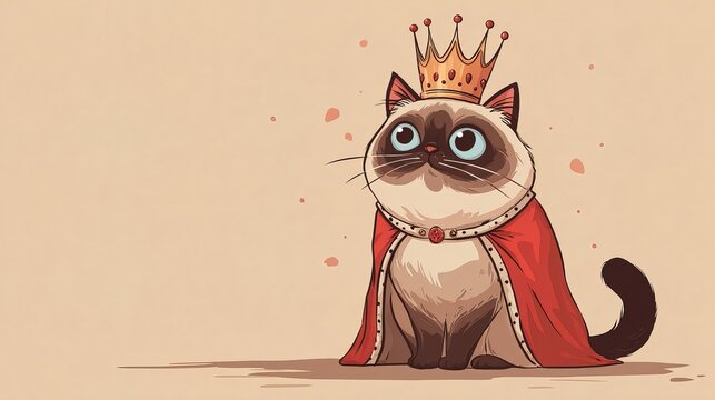 cartoon cat in royal attire radiating confidence and humor while seated on peach background with copy space. Great for cat themed merchandise, playful marketing materials, pet related promotions - Powered by Adobe