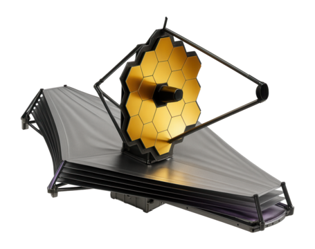Space telescope with deployable sunshield and segmented mirror assembly - Powered by Adobe