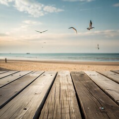 Fototapeta premium Empty Wooden Planks with Blurred Beach and Sea Background 