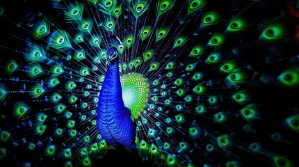 Obraz premium A dynamic image of a peacock with its tail spread, glowing with bioluminescent colors, blurred lines depicting motion, vibrant glow from natural light