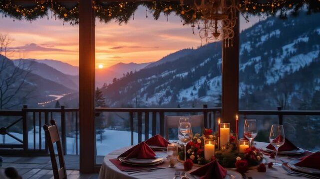 Romantic Christmas Dinner Table Setting with Mountain View at Sunset. 4k video