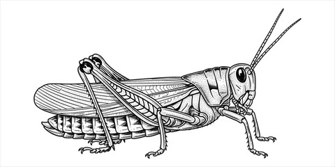 Detailed Black and White Illustration of a Grasshopper insect arthropod © rayhan039