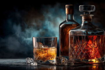 Whiskey glass with ice cubes and two bottles on dark moody background, warm amber liquid glowing inside crystal decanter, elegant bar setup with smoky atmosphere
