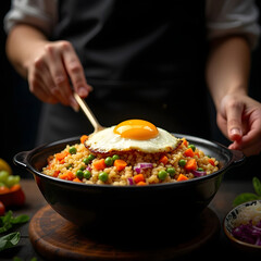 Person serving fried rice with egg in a black bowl close up view