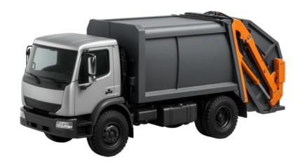Side-loader garbage truck with hydraulic arm on the right side and compact cabin