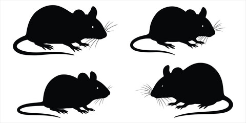 Four Black Mouse Silhouettes in Different Poses on White Background rodent animal