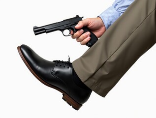 Accidental Gunshot Wound: A man in business attire holding a gun close to his foot. The image evokes a sense of danger and a potential accident.