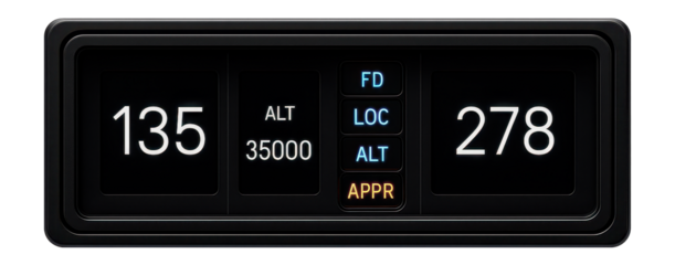 Flight data display panel with digital readouts and status indicators