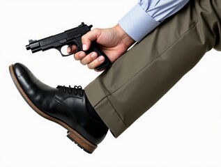 Gun and Shoe: a person in formal attire, holding a handgun next to their shoe, creating a high-stakes scenario.