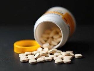 Medicine and pills: A photo of pills pouring out of bottle against a sleek dark background and yellow lid in high-resolution image, capturing details and textures in studio style lighting.
