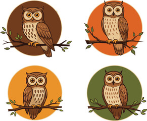 Four Cartoon Owls Perched On Branches With Colorful Circular Backgrounds bird illustration