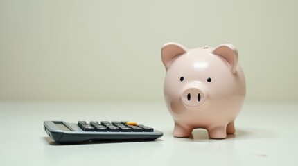 Piggy Bank with Calculator: A pastel pink piggy bank stands proudly beside a sleek calculator, a visual metaphor for smart saving, financial planning and secure investment