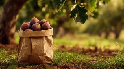 Fresh figs in paper bag under fig tree in sunlit orchard - harvesting and organic farming concept ,National Fig Week