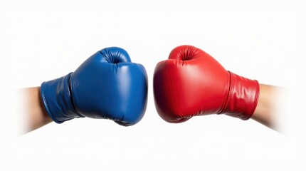 Duel in the Ring: A dramatic clash unfolds as two gloved fists, one clad in bold blue and the other in fierce red, collide with powerful force, symbolizing the spirit of competition. 