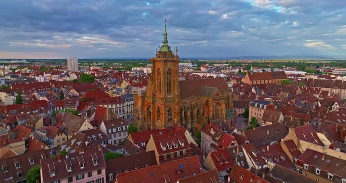 Aerial view of picturesque historic town of Colmar in the Alsace region of France