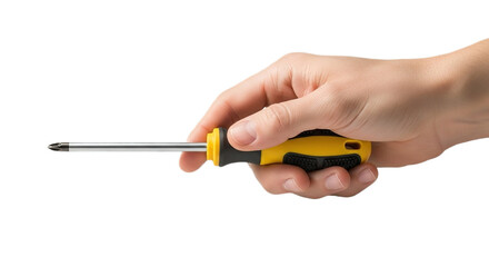 hand holding a screwdriver on white transparent background, PNG