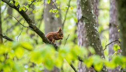 Obraz premium Red squirrel perched on a branch amidst lush green foliage in a forest