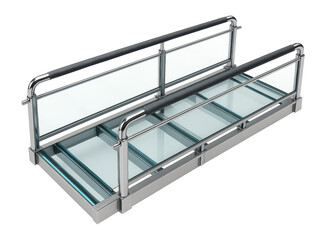 Pedestrian skywalk with glass floor panels and metal framework