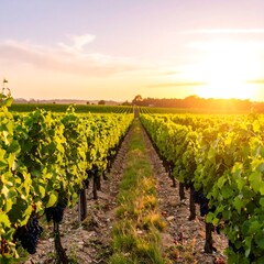 Obraz premium Vineyard Sunset Rows, Rural Landscape, France