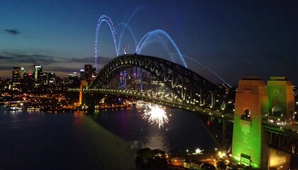 Obraz premium Sydney Harbour Bridge at Night with Fireworks and Light Arcs over the City Skyline