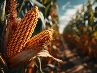 Two ripe corn cobs stand out in a vast field of maize under a bright blue sky du the harvest season.