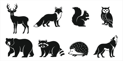 Naklejka premium Silhouette Collection of Woodland Animals in Black and White deer squirrel
