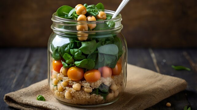Quinoa salad with chickpeas in mason jar, spinach greens, healthy vegan lunch idea, plant-based nutrition, fresh organic meal prep recipe