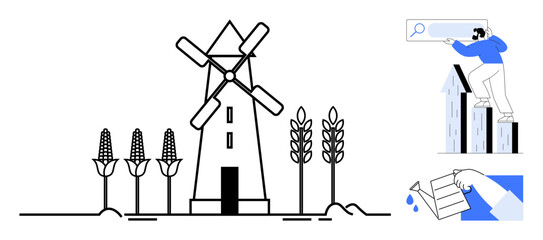 Windmill centered among corn and wheat, accompanied by a figure searching atop bars and watering cards. Ideal for agriculture, sustainability, analytics, growth, renewable energy, strategy, simple