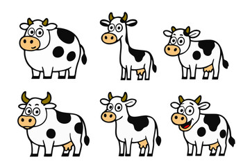 Obraz premium Vector illustration of funny cartoon cow with cute expressions and poses. Black and white dairy cow characters with simple comic style. Perfect for children’s books, farm animal education, mascot