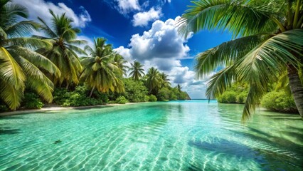 Obraz premium Serene tropical beach scene with crystal-clear water, lush palm trees, and vibrant greenery under a partly cloudy sky