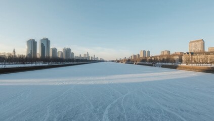 Fototapeta premium Frozen Lake with City Skyline in Winter
