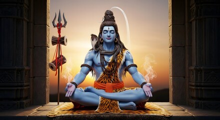 Lord shiva meditating in a serene pose, adorned with traditional ornaments and a trident, set against a mystical sunset backdrop