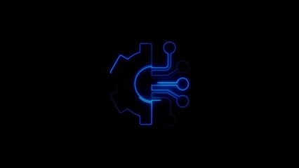Blue Neon Gear and Circuit Board Icon on Black Background technology innovation