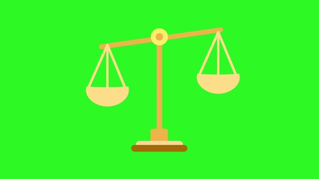 Animated scales of justice icon tipping back and forth. Color version on a green screen and a black silhouette on white. 