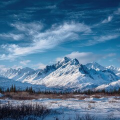 contrast snowy peaks and blue sky Alaska