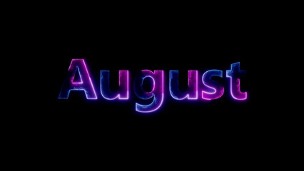 Bright neon word August with blue and purple gradient on black background month summer