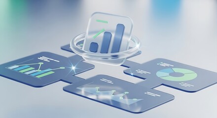 Arrangement of transparent digital screens displaying financial charts and data analytics