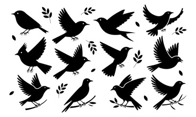 Set of black silhouettes of birds and leaves. Vector illustration.