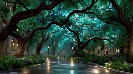 Enchanted Halloween Streets: A Luminous Pathway Flanked by Trees Under a Spooky Teal Sky