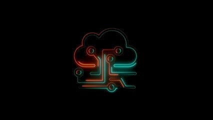 Dual-color neon glowing circuit board cloud icon on black background technology data