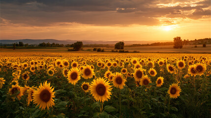 Fototapeta premium A golden field of sunflowers in full bloom, stretching across the landscape and glowing warmly under a breathtaking sunset sky with soft clouds. 