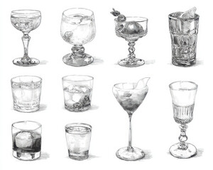 Hand drawn cocktail glass collection ink sketch illustration featuring various drinkware with ice, garnishes, and detailed textures, perfect for beverage or bar design concepts