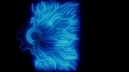 Futuristic Blue Neon Circuit Board with Gear and Black Background technology digital