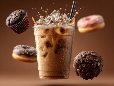 Iced coffee splashes with muffins and donuts levitating on a brown backdrop in a studio setting scene.