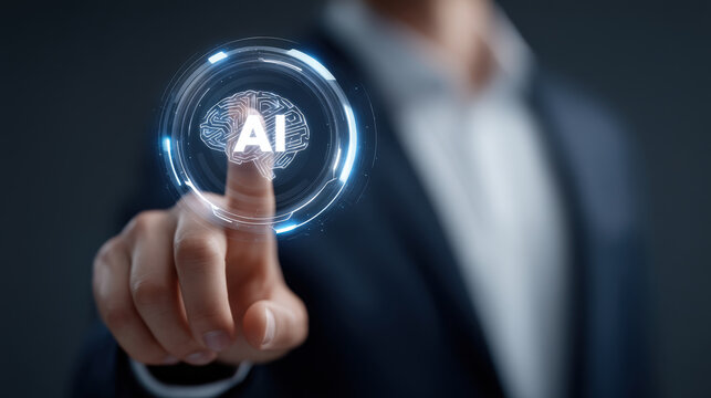 Person in suit touching glowing digital circle with letters AI inside, symbolizing artificial intelligence and technology. image conveys innovation and modernity