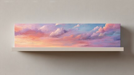 Cloudscape painting sits on a shelf against a plain wall