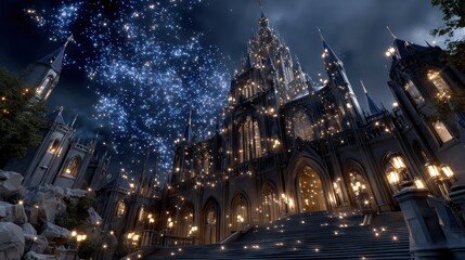 Enchanted Halloween Night: A Towering Gothic Castle Illuminated by Spooky Lights and Enchanted Magic