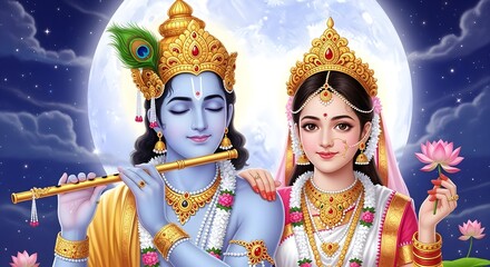 Lord krishna playing his flute with radha, a divine hindu couple adorned in traditional indian attire and jewelry, set against a luminous full moon